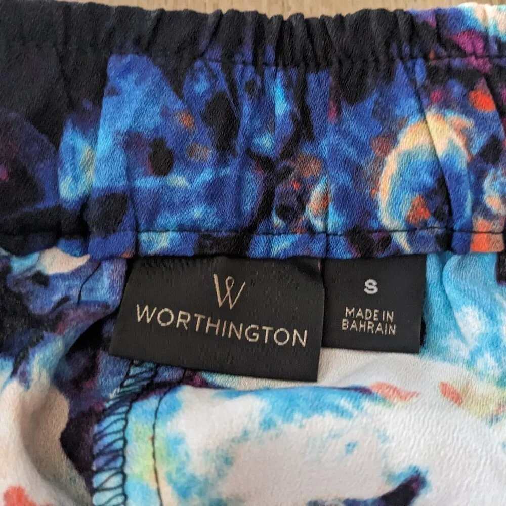 NWT Worthington Blue White Floral Mid Rise Pull On Pants Tapered Leg Sz Small S - Picture 4 of 9